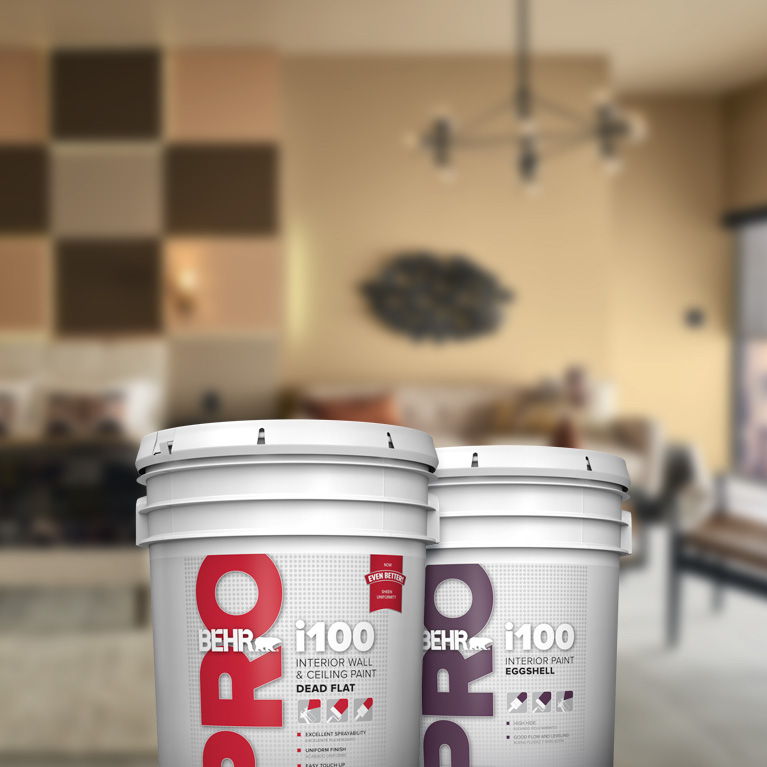 BEHR PRO interior i100 products landing page mobile image featuring 5 gallon i100 can.
