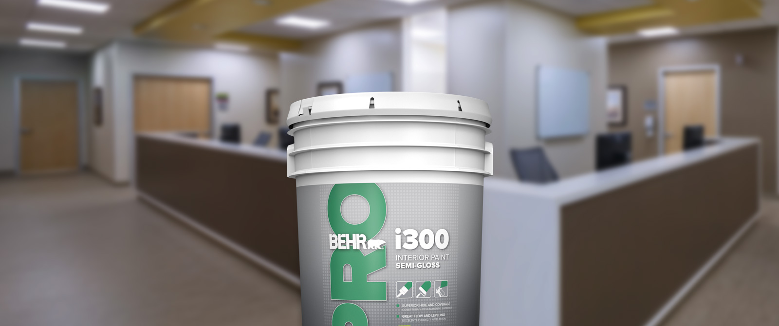 BehrPro interior i300 products landing page desktop image featuring 5 gallon i300 can.