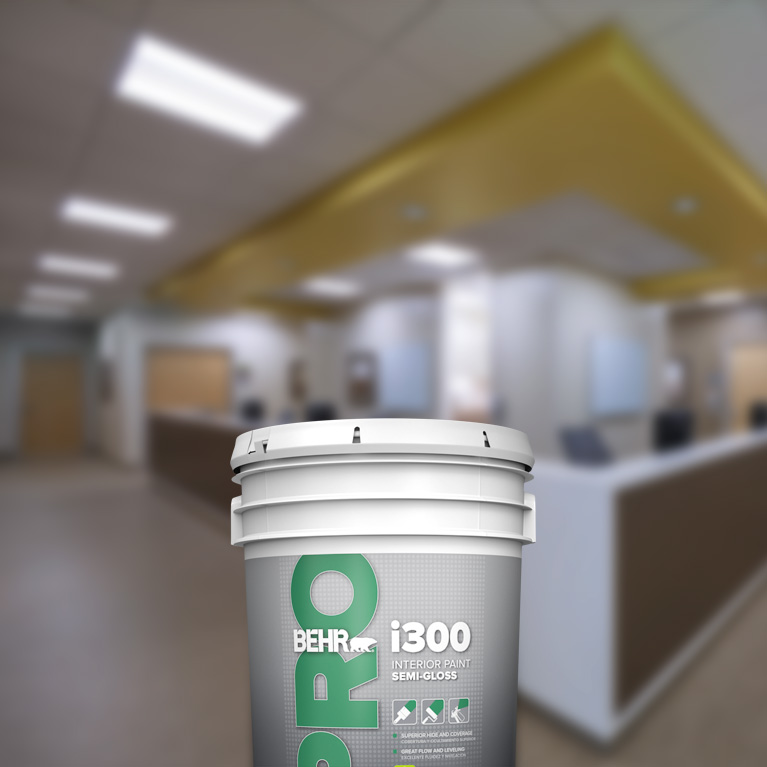 BehrPro interior i300 products landing page mobile image featuring 5 gallon i300 can.