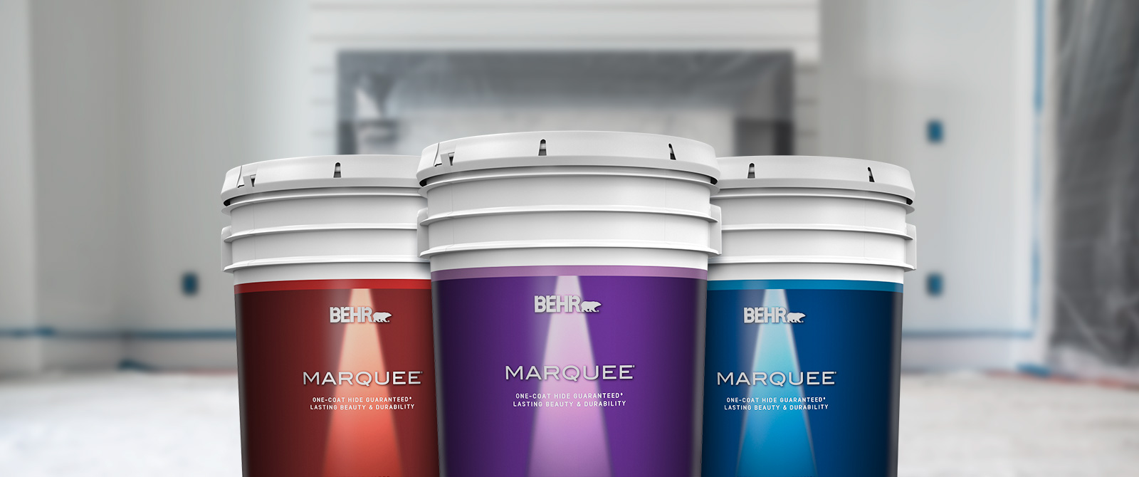 BehrPro interior Marquee products landing page desktop image featuring 5 gallon Marquee cans.