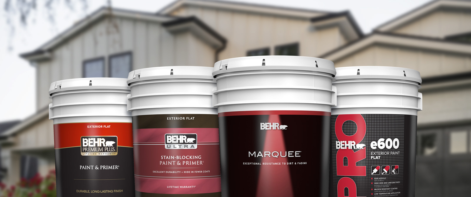 Behr Pro exterior products landing page desktop image featuring 5 gallon cans.
