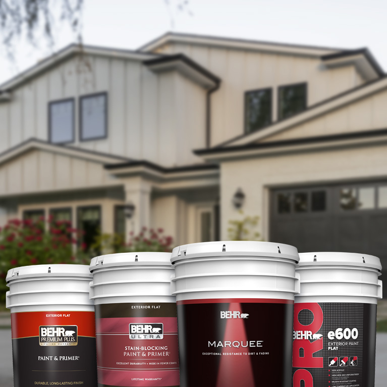 Behr Pro exterior products landing page mobile image featuring 5 gallon cans.