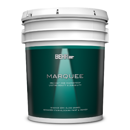 BEHR Marquee interior semi-gloss enamel 5 gallon product can image.