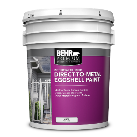 BEHR Premium direct to metal eggshell 5 gallon product can image.
