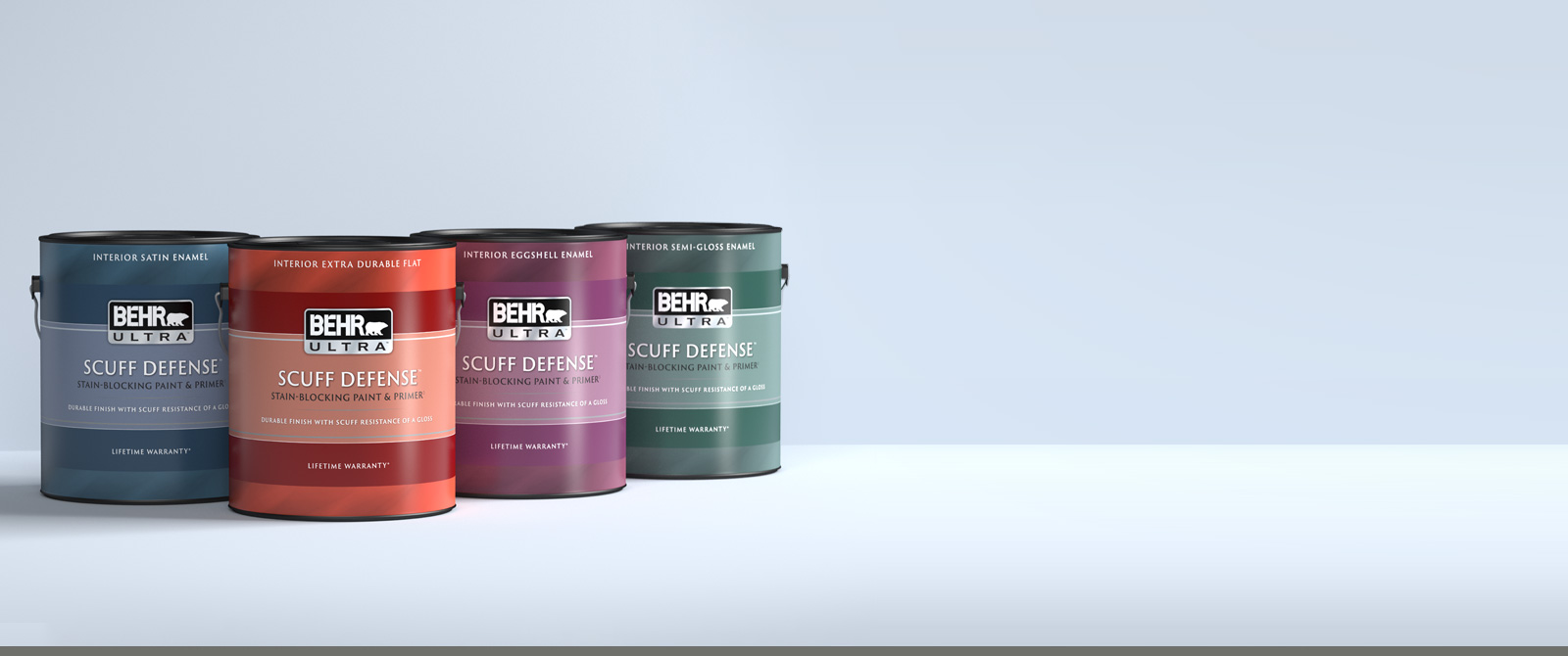 Large Image of a 1 gallon can of BEHR ULTRA SCUFF DEFENSE on a gray background