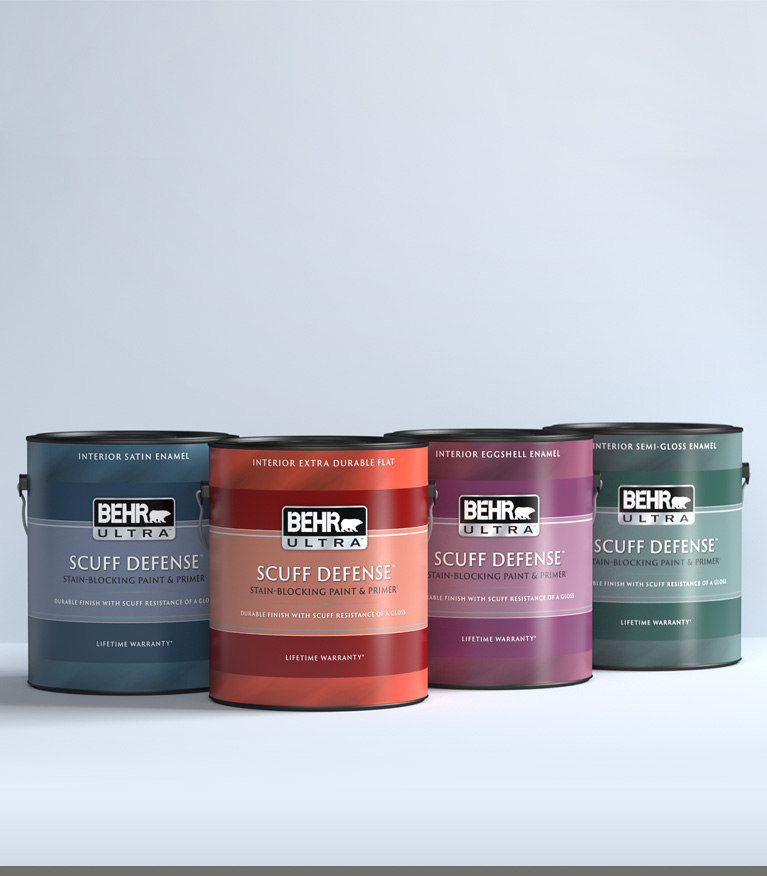 Mobile view of a 1 gallon can of BEHR ULTRA SCUFF DEFENSE on a gray background.