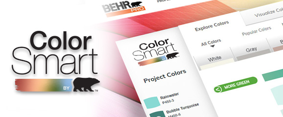 A screenshot of the BEHR ColorSmart tool in the background and the logo on the foreground. The image of the tool has different color tabs and is displaying the green tab with several color chips.

