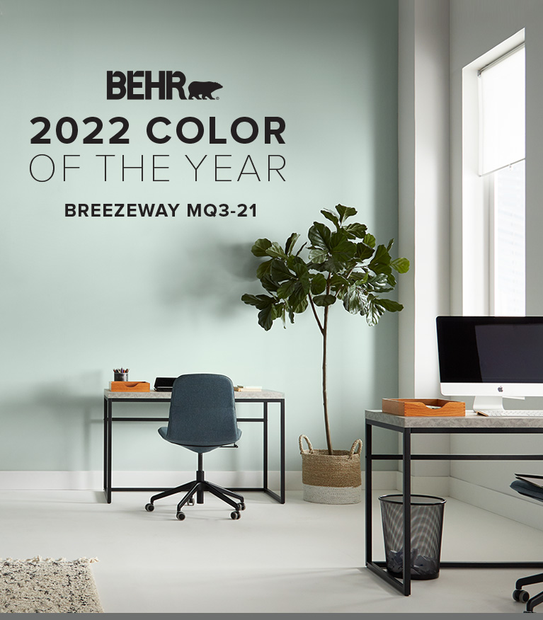 Mobile view of an image with the words  BEHR  2022 Color of the Year is Breezeway with the color in the background