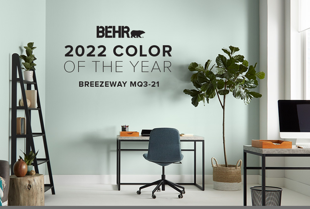 Tablet view of an image with the words BEHR 2021 Color of the Year is Breezeway with the color in the background.