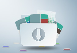 A graphical representation of a folder with arrow pointing down. The folder is over flowing with images of color chips and palettes.