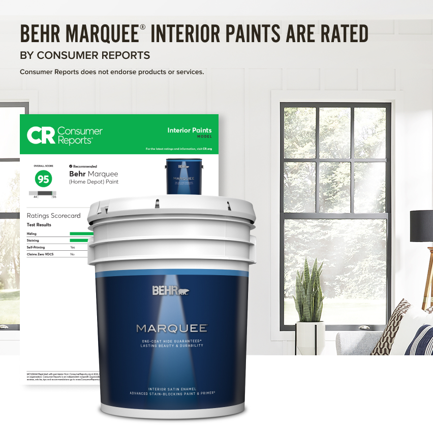 5 gallon Bucket of Behr Marquee paint in front of bay windows.