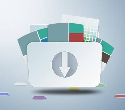 A graphical representation of a folder with arrow pointing down and over flowing are several images of color chips and palettes.