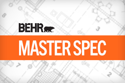 An image with the words BEHR MASTER SPEC with an image of a blueprint in the background.