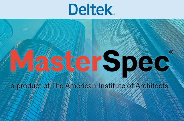 Deltek Master Spec logo on a blue backround of high-rise building.