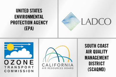 An image displaying all the different company such as United States Environmental Protection Agency , LADCO with logo, OZONE Transport Commission with logo, California Air Resources Board with logo, and  South Coast Air Quality Management District.