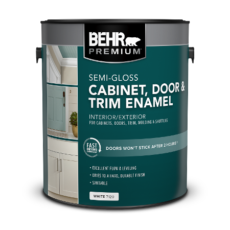 BEHR PREMIUM Cabinet, Door and Trim Interior Semi-Gloss Enamel 1 Gallon product can Image.