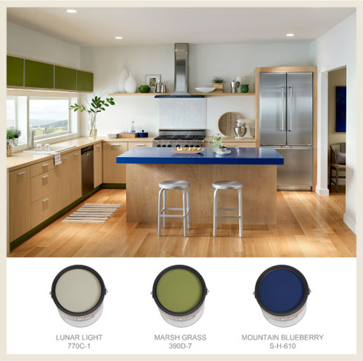 Modern white kitchen with blue and green accent Cans Border