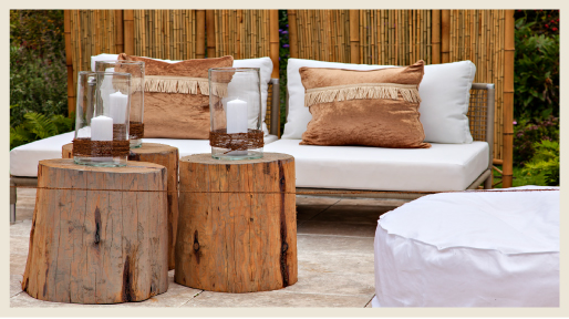 An outdoor sitting area with rustic furniture elements.