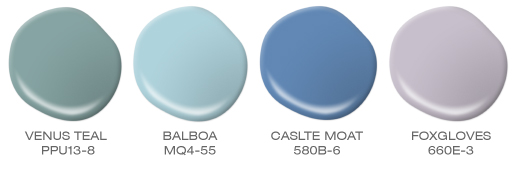 A group of paint spills featuring the following colors: Venus Teal, Balboa, Castle Moat and Floxgloves.