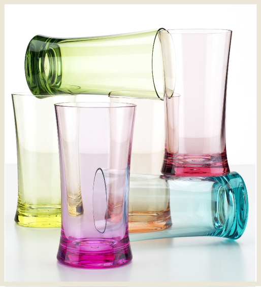 Six multi-color clear drinking glasses.