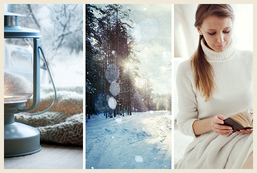 A collage of two winter scenes and a woman wearing all white and reading a book.