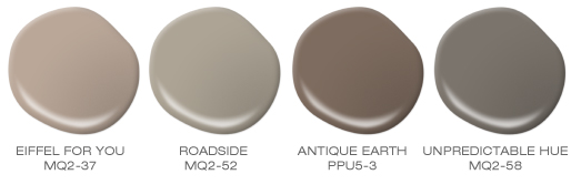  A group of five paint spills, colors featured include the following neutrals browns: Eiffel for You, Roadside, Antique Earth and Unpredictable Hue.