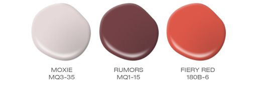 A group of paint spills featuring the following a light pink, a burnt red and a fiery red. BEHR colors included: Moxie, Rumors, Fiery Red. 