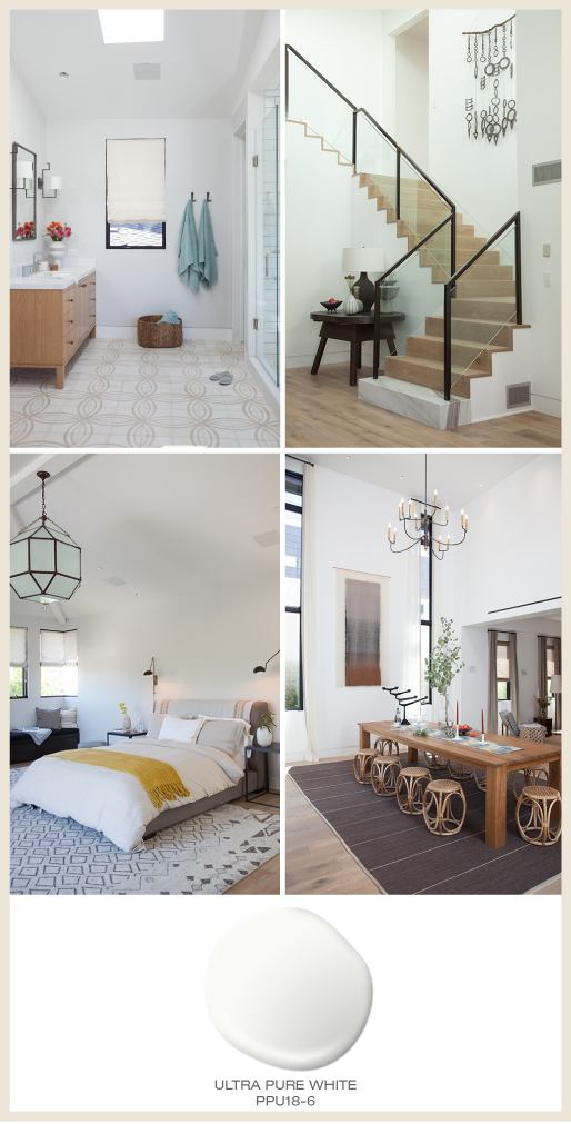 A collage of four modern rooms including a bathroom, staircase, bedroom and dining room. Open rooms feature all white paint on the walls and a lot of natural light.