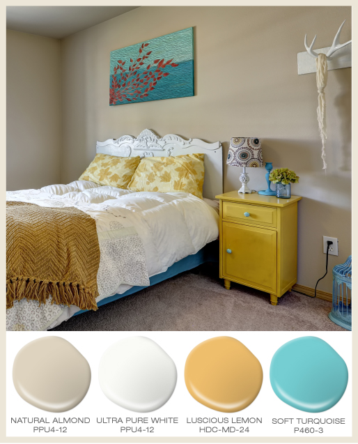 A beige bedroom with a brightly yellow painted  bedside table and aqua  door and drawer pulls.