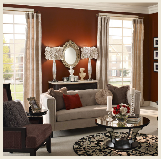 Red accents in living room Colorfully BEHR