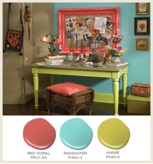 A boho girl's room featuring a vanity desk and coral pink tac board frame.