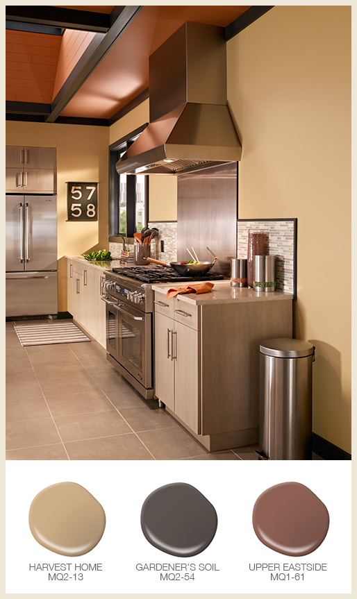 A vertical shot of a residential kitchen with yellow walls and orange ceiling.