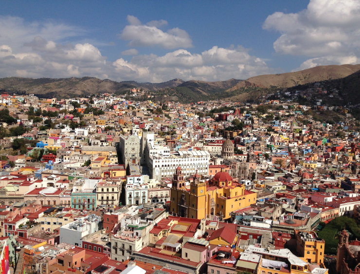 High angle view of Guanajuato cityscape with it's colorful houses and church. 