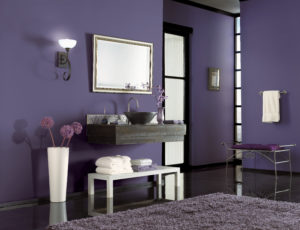 Glamorous deep purple bathroom.