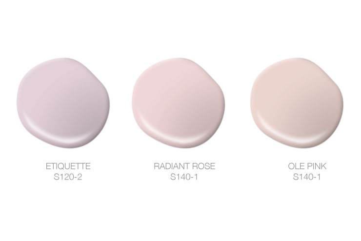 This image shows paint spills of Etiquette, Radiant Rose, and Ole Pink. 