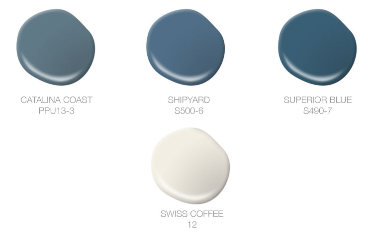 This image shows four paint drops in Catalina Coast, Shipyard, Superior Blue and Swiss Coffee. 