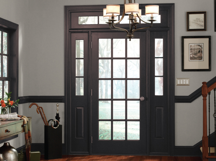 An interior entry with wall in a beige color and trim painted in Black Garnet.