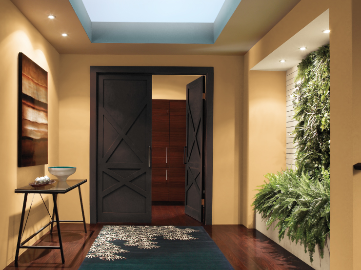 An interior entry way with wall in a gold color and door painted in Black Garnet.