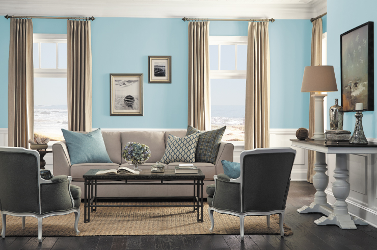 A living room with walls painted in Peek a Blue