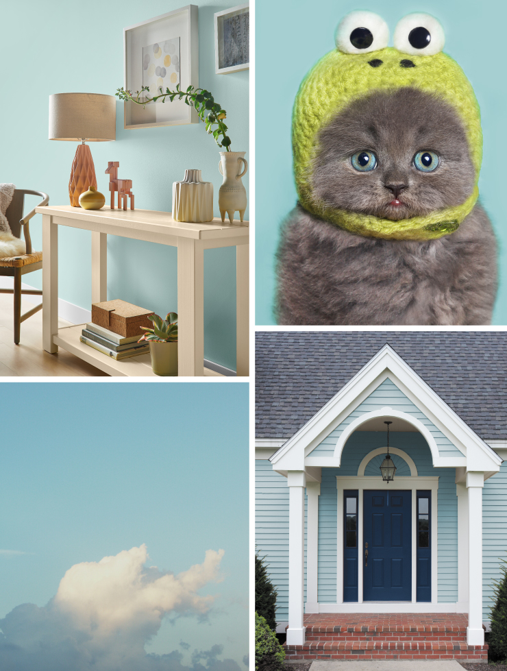 A collage of images representing the color: Peek a Blue