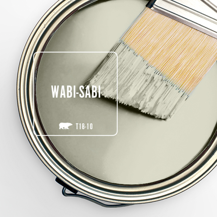Paint Swatch - Open paint can with paint brush that was dipped showing paint color for Wabi-Sabi.