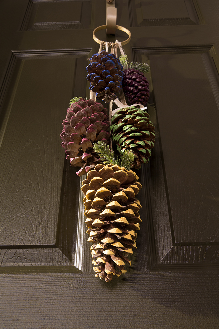 A detail image of the pinecones hanging from the interior door with a door hanger. 