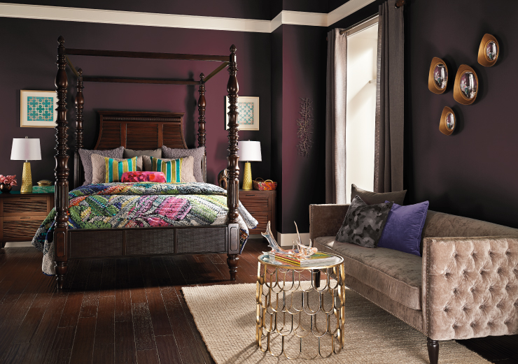 A bedroom with the walls painted in Nocturne Shade.