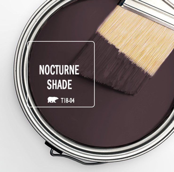 Paint Swatch - Open paint can with paint brush that was dipped showing paint color for Nocturne Shade (a deep purplish-brown color).