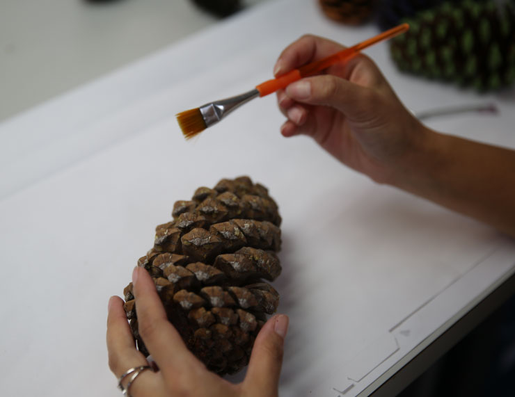 This image shows a pinecone being painted with a small paintbrush. 