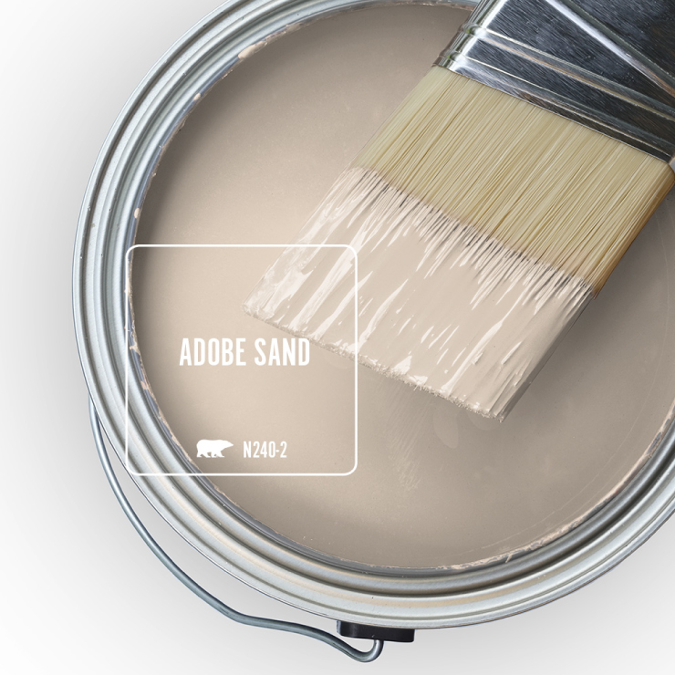 Paint Swatch - Open paint can with paint brush that was dipped showing paint color for Adobe Sand.