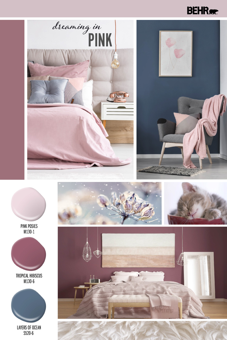 Inspiration board featuring three paint drops: Pink Posies (light pink), Tropical Hibiscus (dark pink), Layers of Ocean (blue) Images shown are the following: -A bedroom with light pink bedding and blue accent pillows. -A gray chair with a light pink blanket draped over it. The wall behind the chair is painted in Layers of Ocean. -A pink flower against a light blue sky. -A cat sleeping in a dark pink bowl. -A bedroom with light pink bedding. The walls in the room are painted in Tropical Hibiscus.