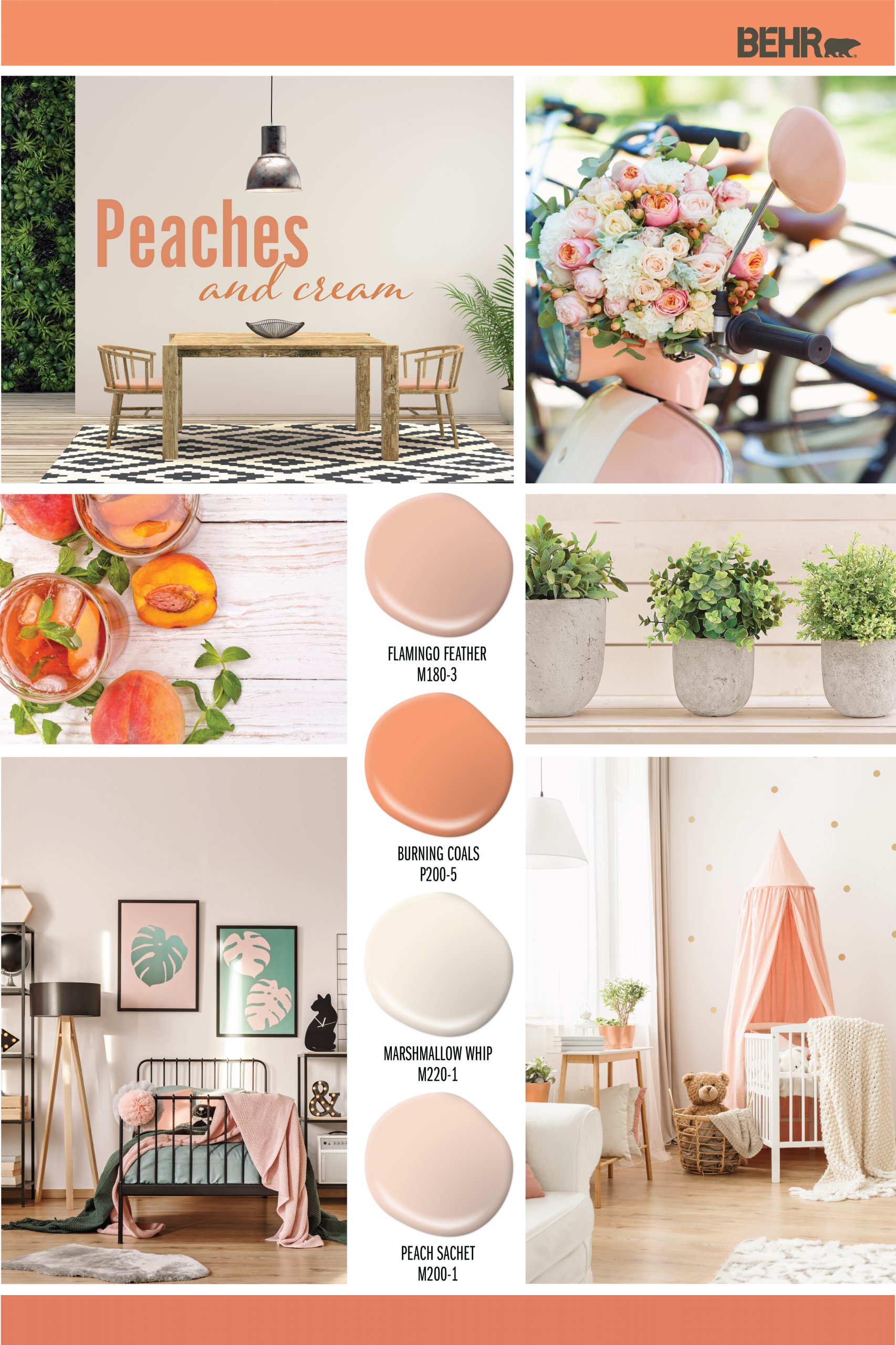 Inspiration Board featuring four peach colored paint drops: Flamingo Feather, Burning Coals, Marshmallow Whip, Peach Sachet Images shown are the following: -Outside dining area with a table and chairs. Cushion on chairs are the paint color Flamingo. The wall behind the table is painted Marshmallow Whip.  -A peach colored bike with a large bouquet on the handle bars -A wood table painted in Peach Sachet with peach iced tea and cut peaches placed on it. -Three vases filled with green plants. Wall behind it is painted in Peach Sachet -A bedroom with peach and green accents. Walls are painted in Peach Sachet. -A nursery with accents in Burning Coals. Walls are painted in Marshmallow Whip with gold dots.
