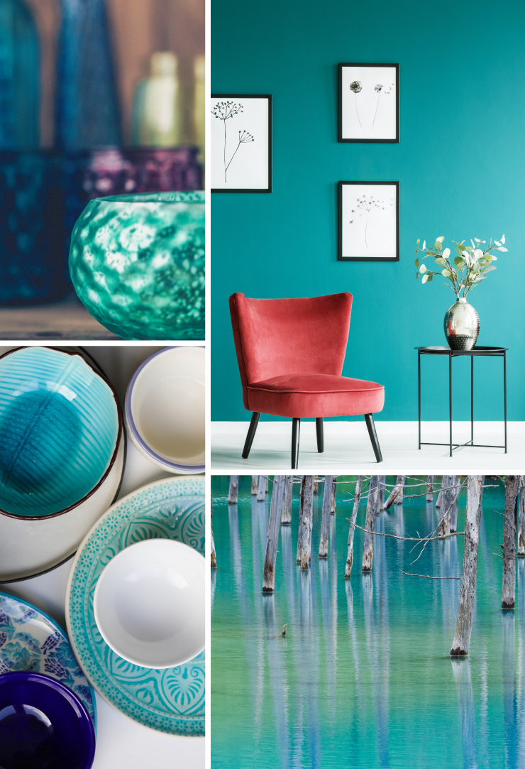 A collage of images representing the color Fiji. Image of jewel toned vases. A sitting area with a red chair and wall painted in Fiji. An image of ceramic plates. A green and blue vibrant lake reflecting trees on the glass-like surface