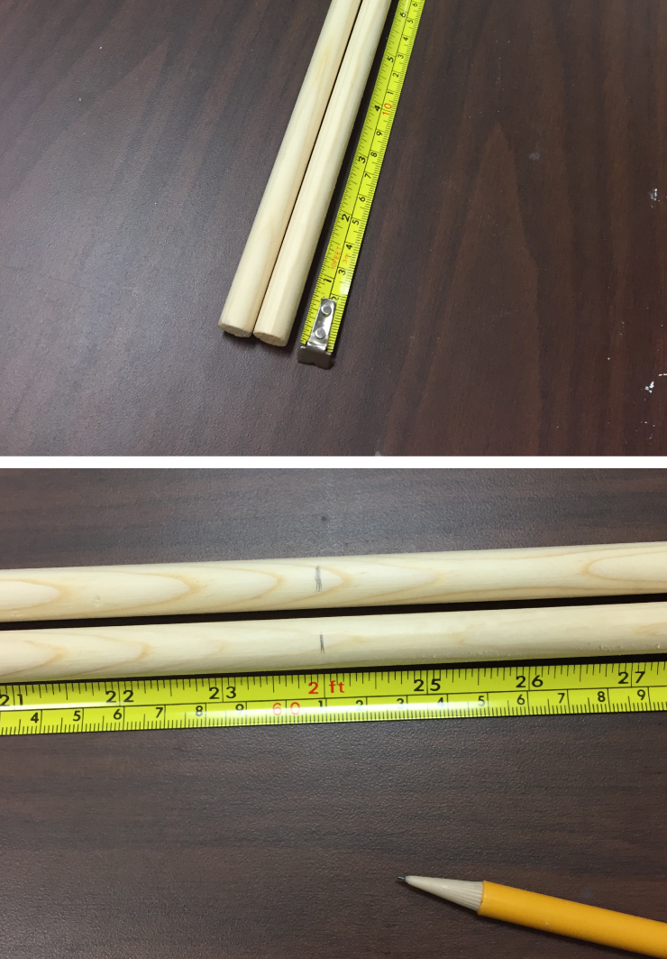 Two long wood dowels and a measuring tape. Showing a pencil mark for where to cut the wood.